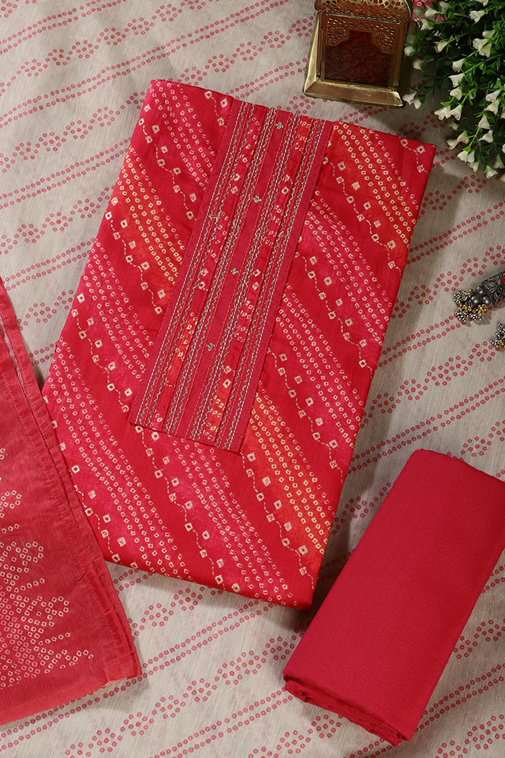 Cardinal Color Cotton Bandhani printed Unstitched Suit Fabric - Image 4