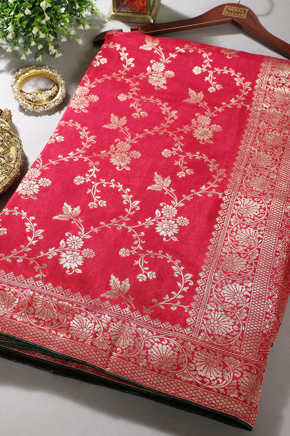 Cardinal Red Banarasi Silk Zari Floral Zaal Woven Saree - Image 6