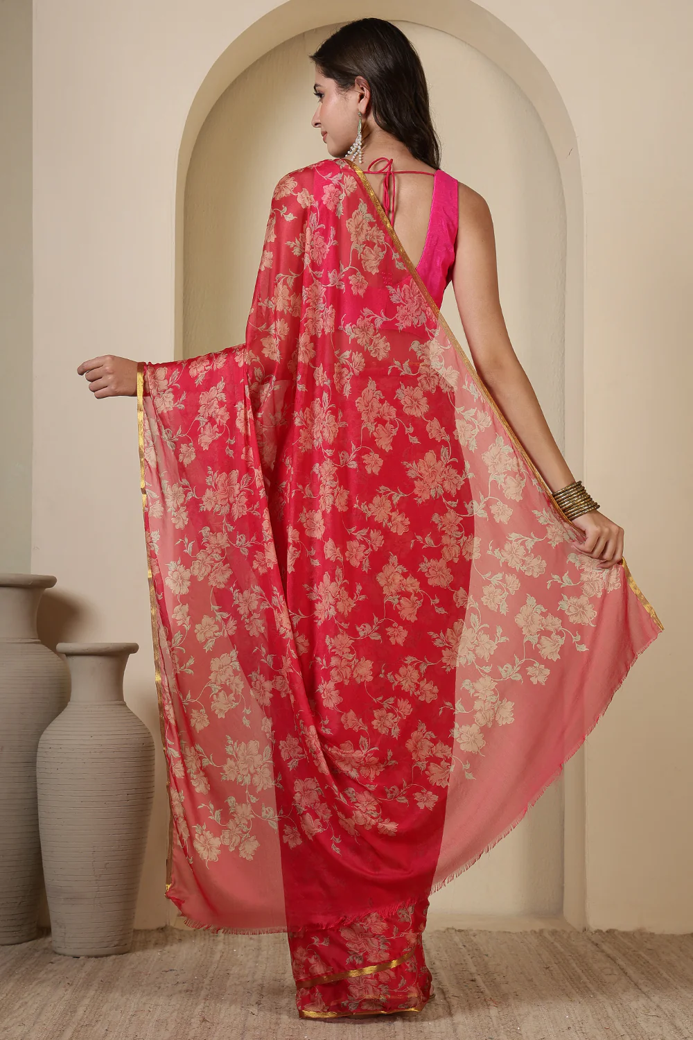 Cardinal Red Chiffon Floral Zari Border & Floral Printed Saree - Image 4