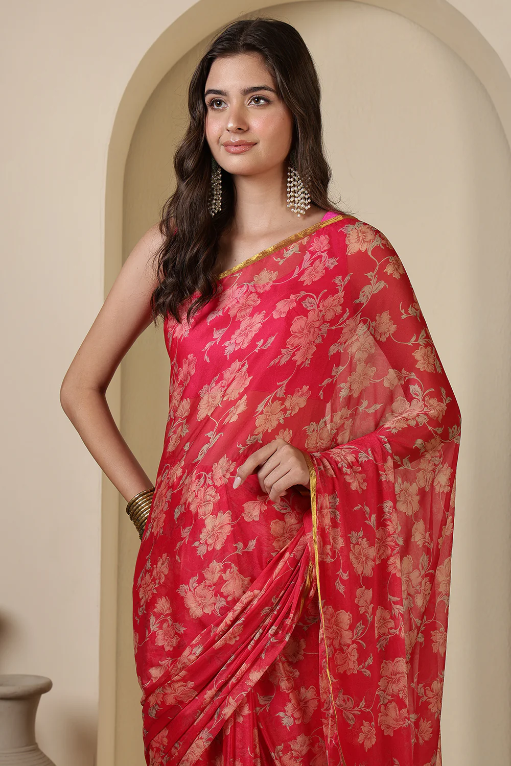 Cardinal Red Chiffon Floral Zari Border & Floral Printed Saree - Image 5