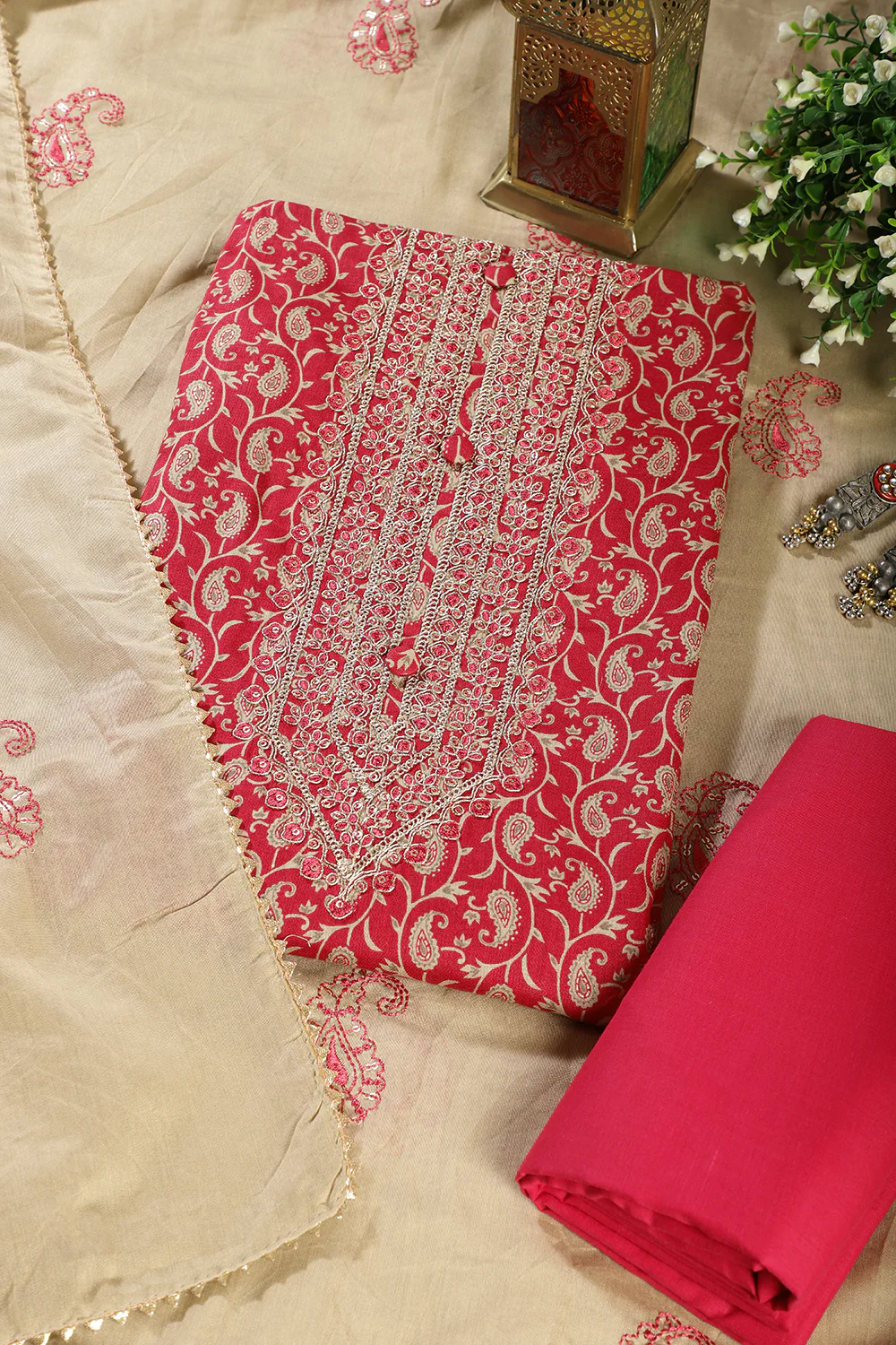 Cardinal Red Cotton Digital Buta-Printed & Neck Embroidered Unstitched Suit