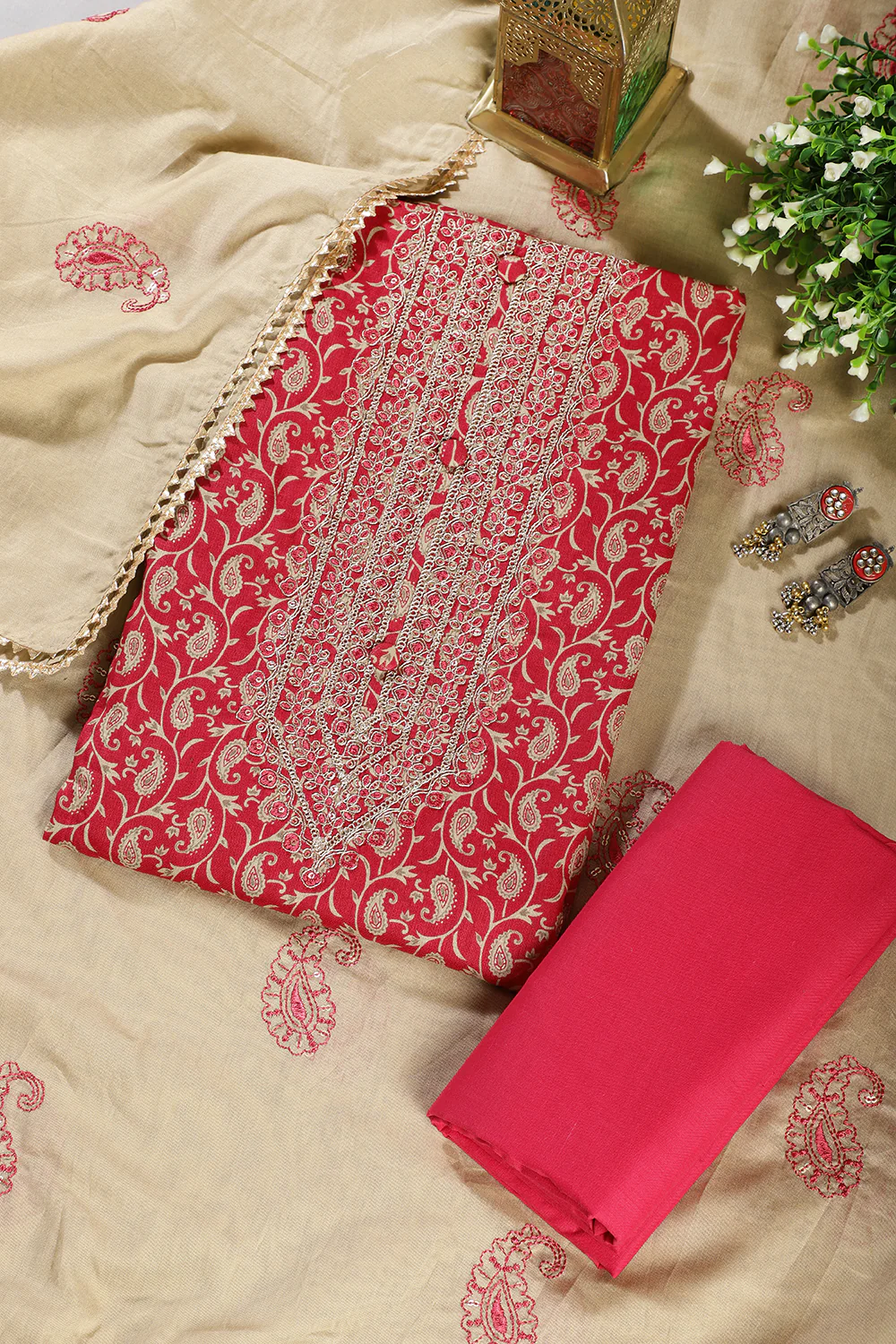 Cardinal Red Cotton Digital Buta-Printed & Neck Embroidered Unstitched Suit - Image 3