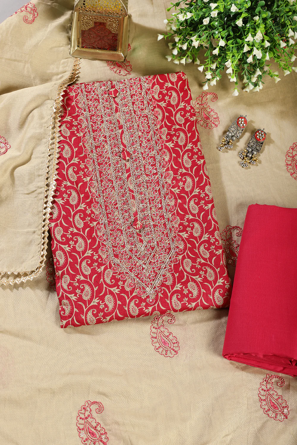 Cardinal Red Cotton Digital Buta-Printed & Neck Embroidered Unstitched Suit - Image 4