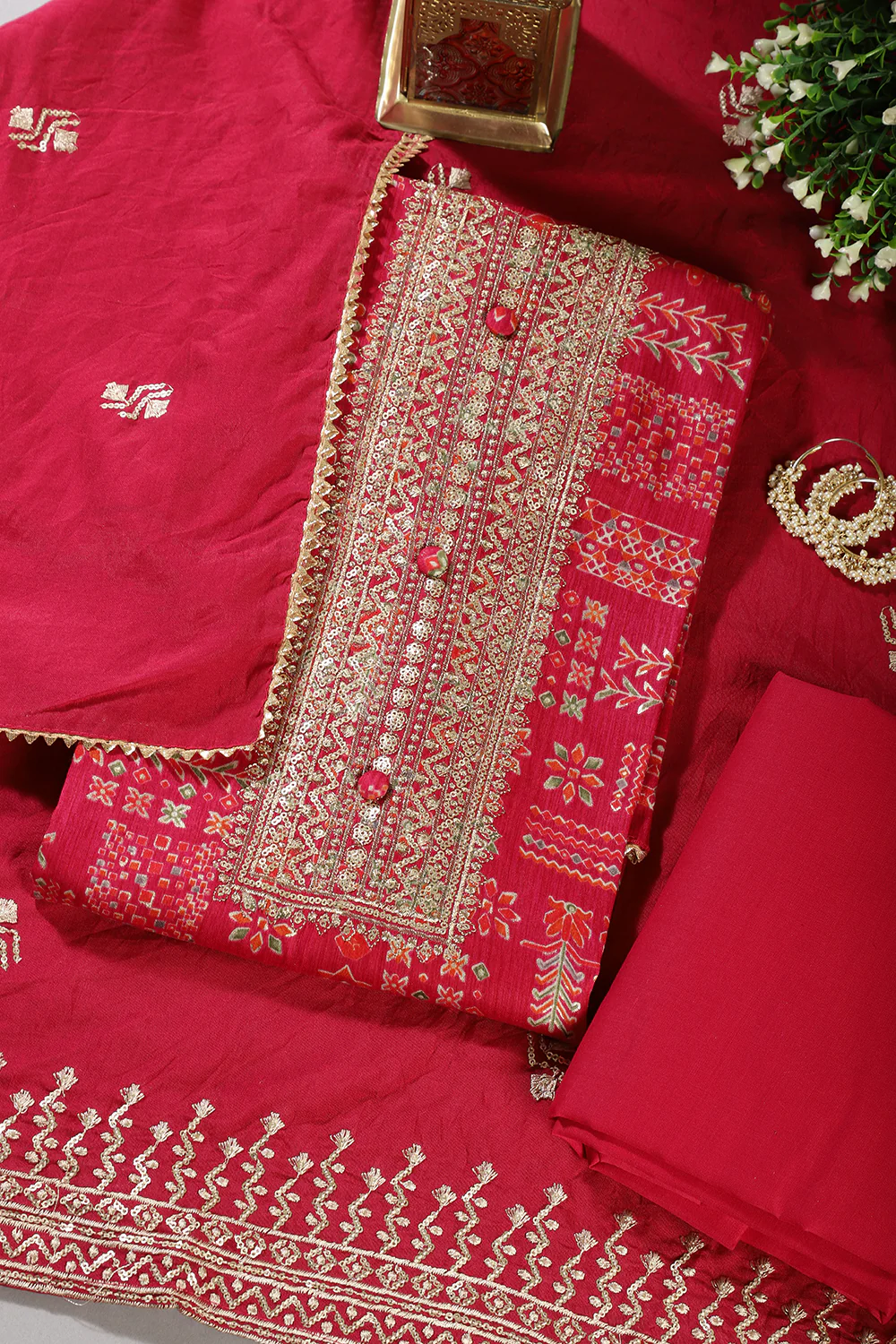 Cardinal Red Digital Printed & Neck Embroidered Cotton Unstitched Suit - Image 3