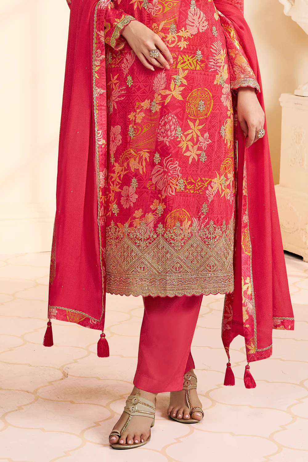 Carmine Pink Chinone Silk Floral Printed And Embroidered Unstitched Suit Fabric - Image 3