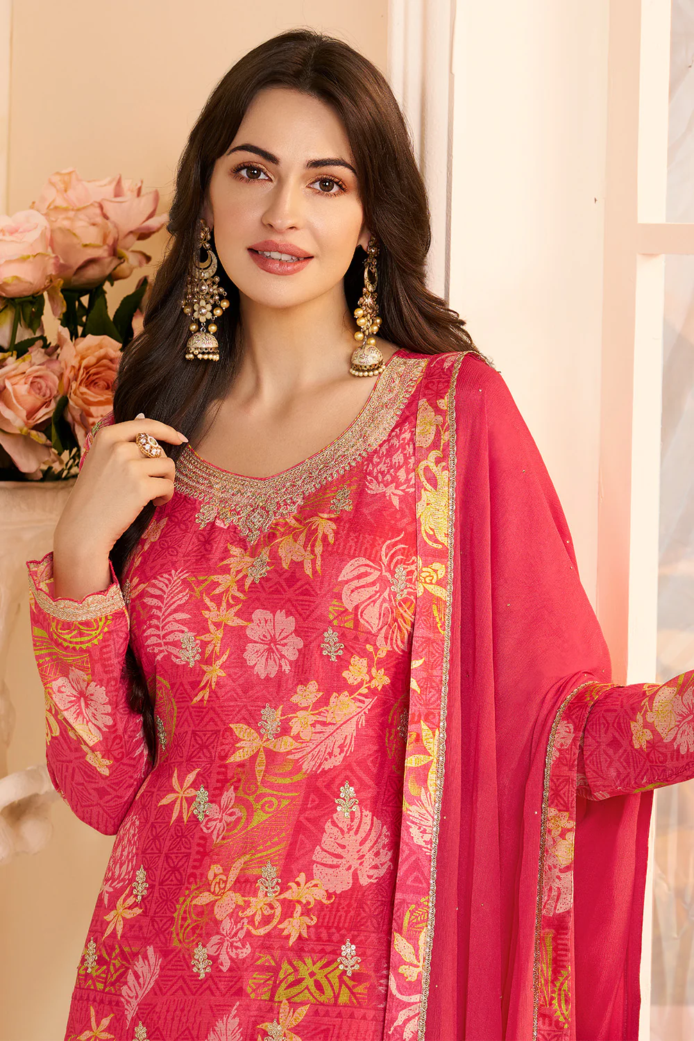 Carmine Pink Chinone Silk Floral Printed And Embroidered Unstitched Suit Fabric - Image 4