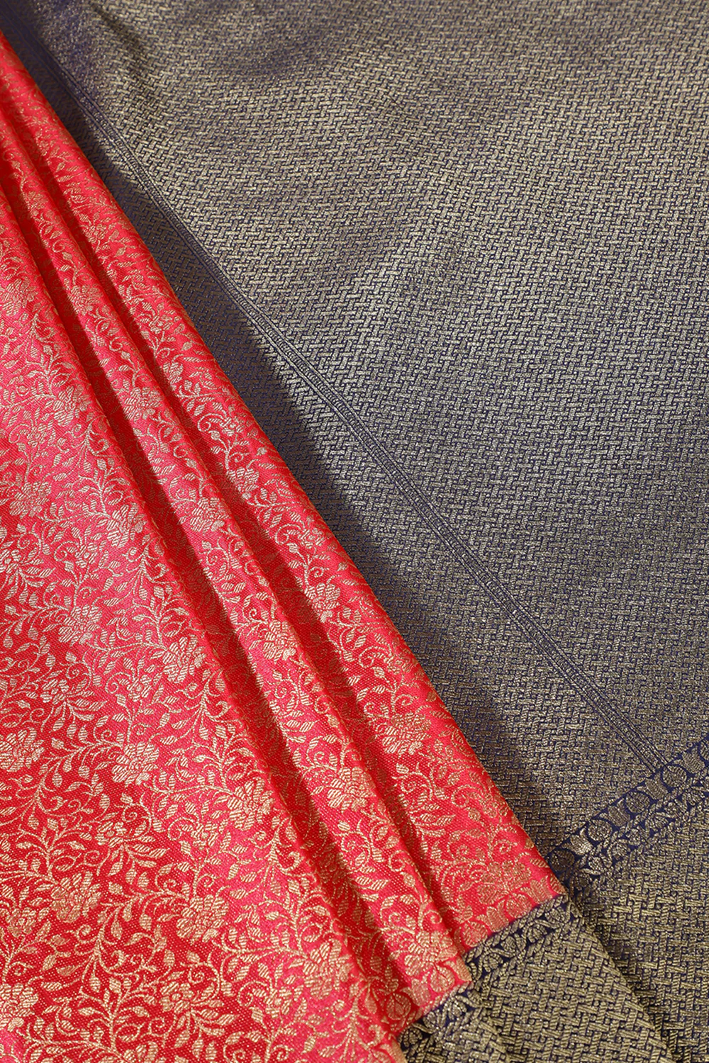 Cherry Red And Navy Floral Zari Woven Sarees - Image 3
