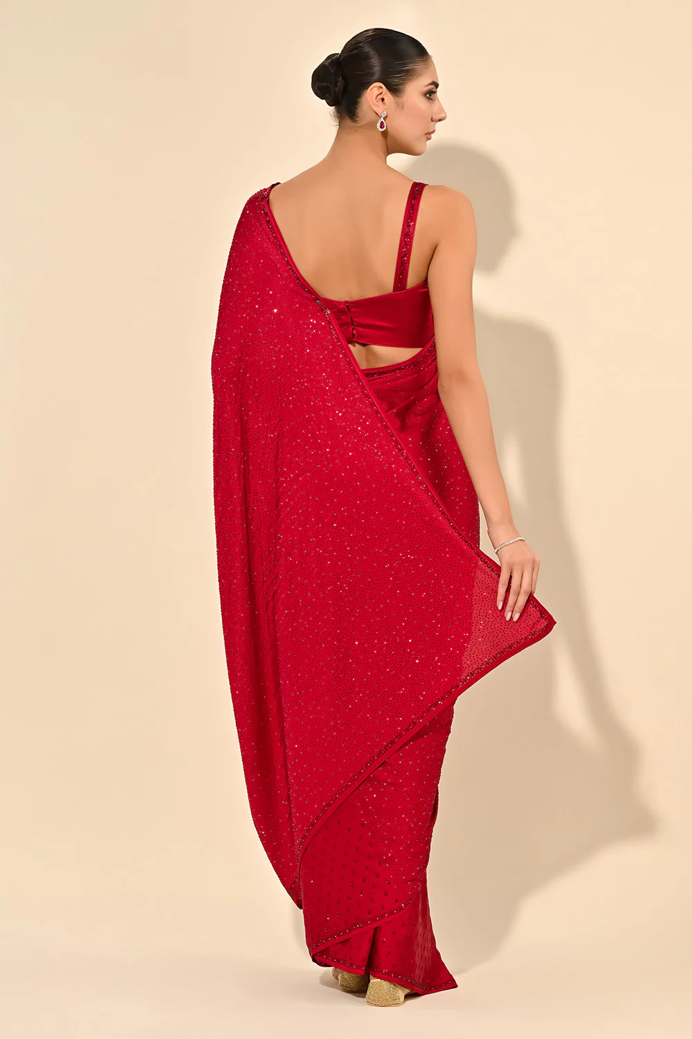 Cherry Red Color Satin Swarovski Work Saree - Image 5