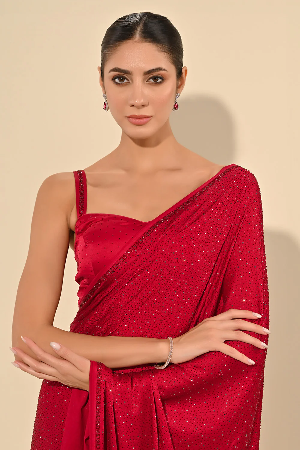 Cherry Red Color Satin Swarovski Work Saree - Image 6