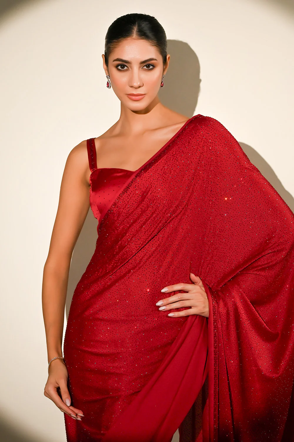 Cherry Red Color Satin Swarovski Work Saree - Image 7