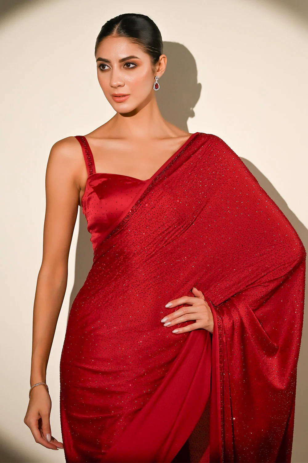 Cherry Red Color Satin Swarovski Work Saree - Image 8