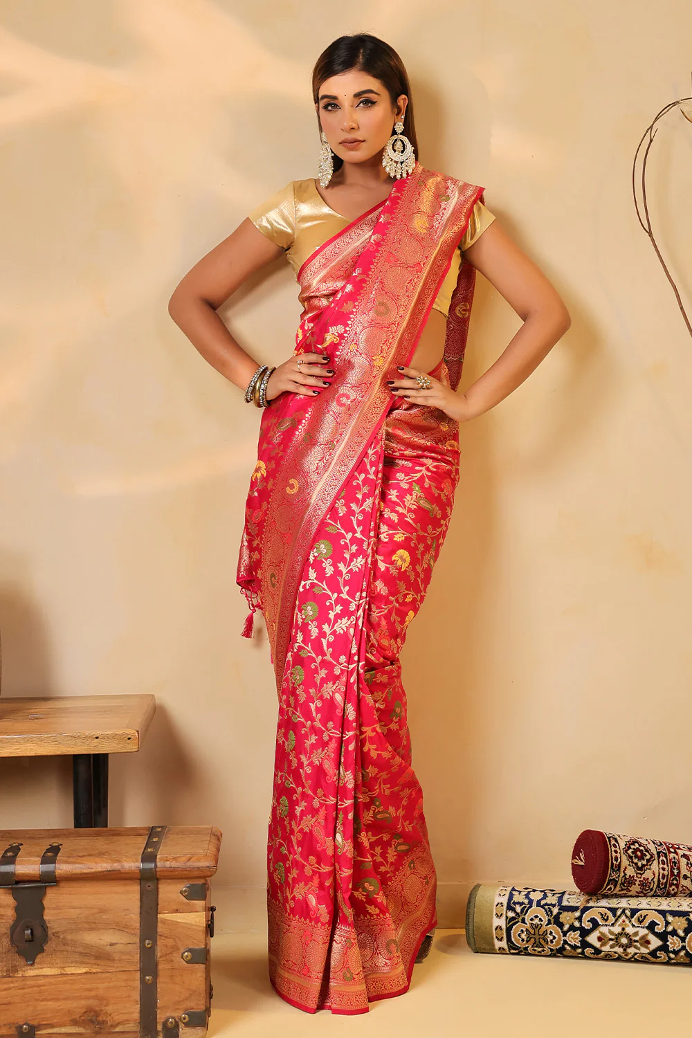Cherry Red Colour Silk Zari & Resham Woven Saree