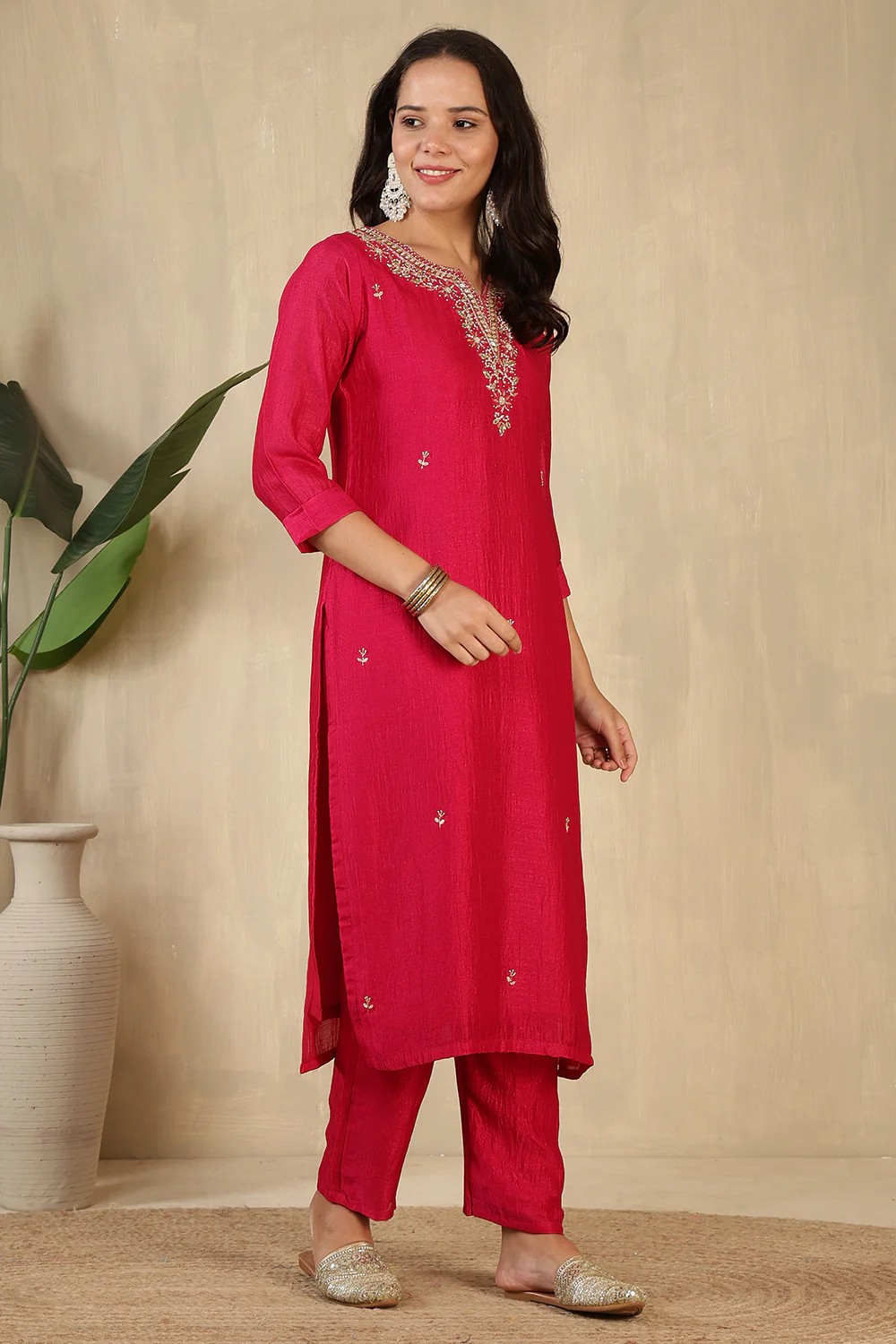 Cherry Red Crepe Silk Neck Embroidered Suit - Image 4