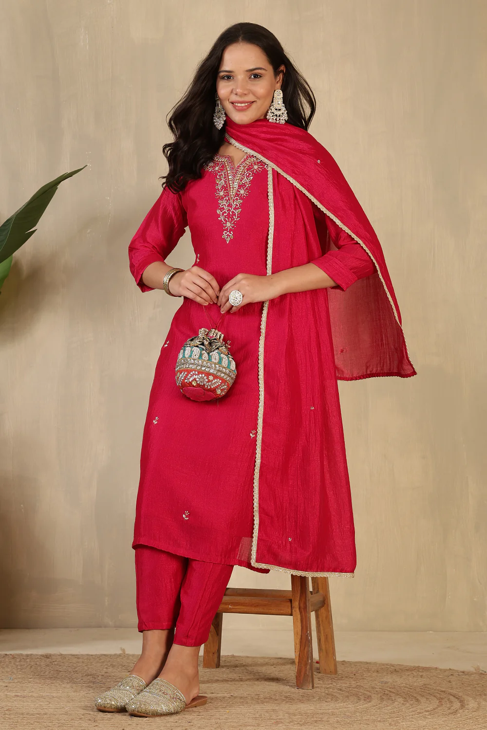Cherry Red Crepe Silk Neck Embroidered Suit - Image 5