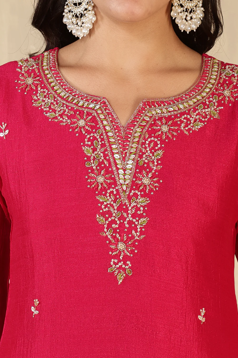 Cherry Red Crepe Silk Neck Embroidered Suit - Image 6