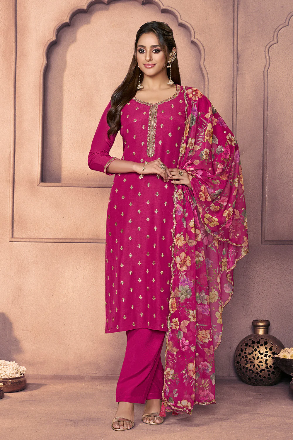 Cherry Red Embroidered Suit Set - Image 2