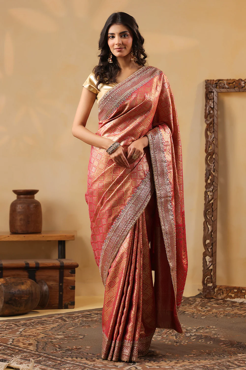 Cherry Red & Gold Color Woven Saree - Image 2