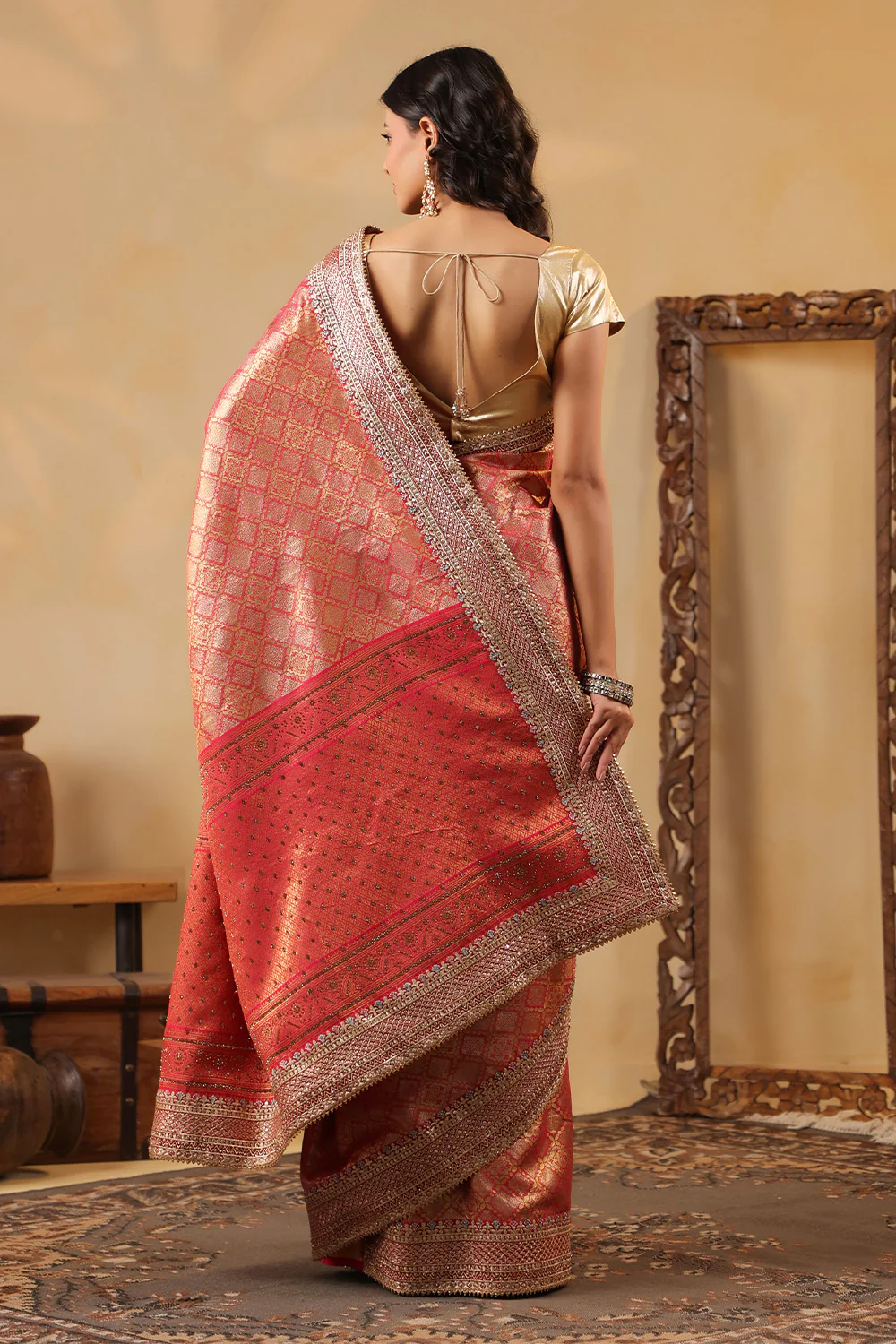 Cherry Red & Gold Color Woven Saree - Image 3