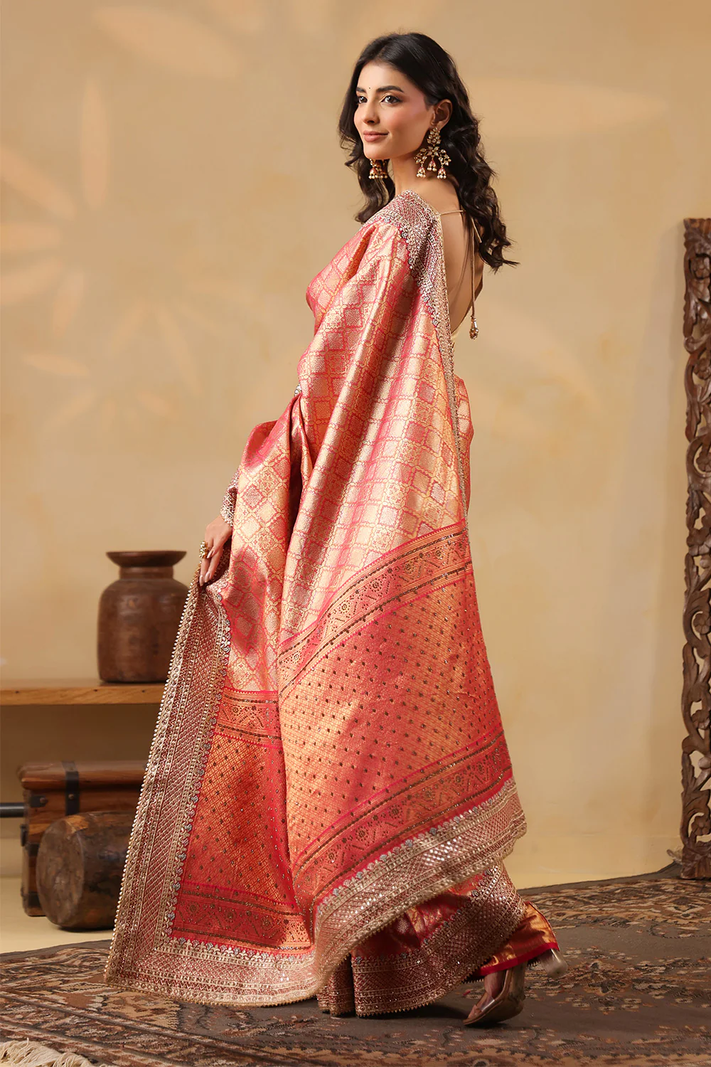 Cherry Red & Gold Color Woven Saree - Image 4