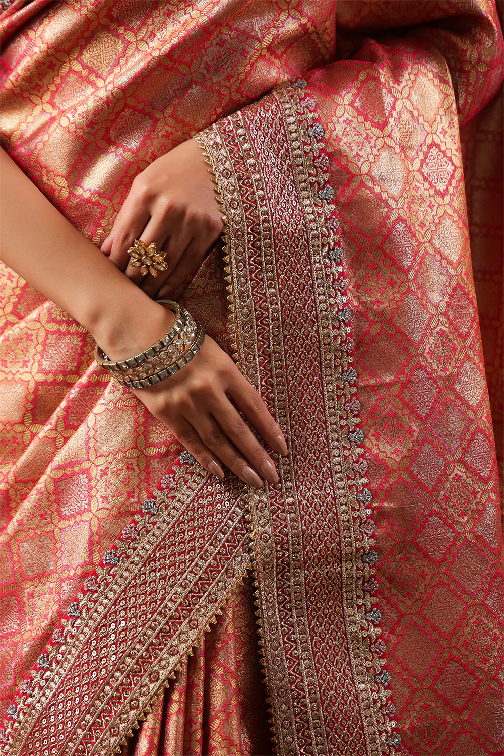 Cherry Red & Gold Color Woven Saree - Image 7