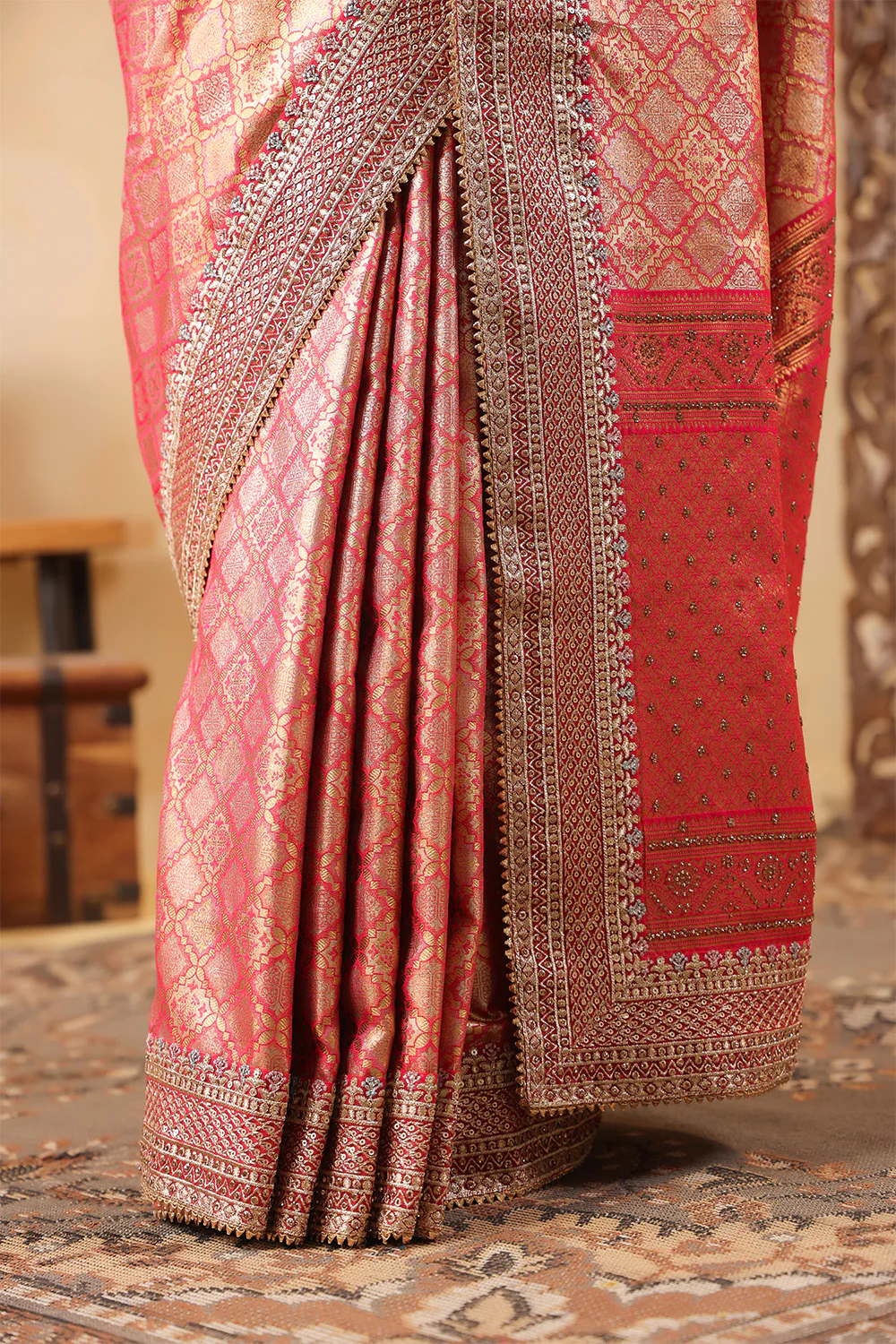 Cherry Red & Gold Color Woven Saree - Image 8
