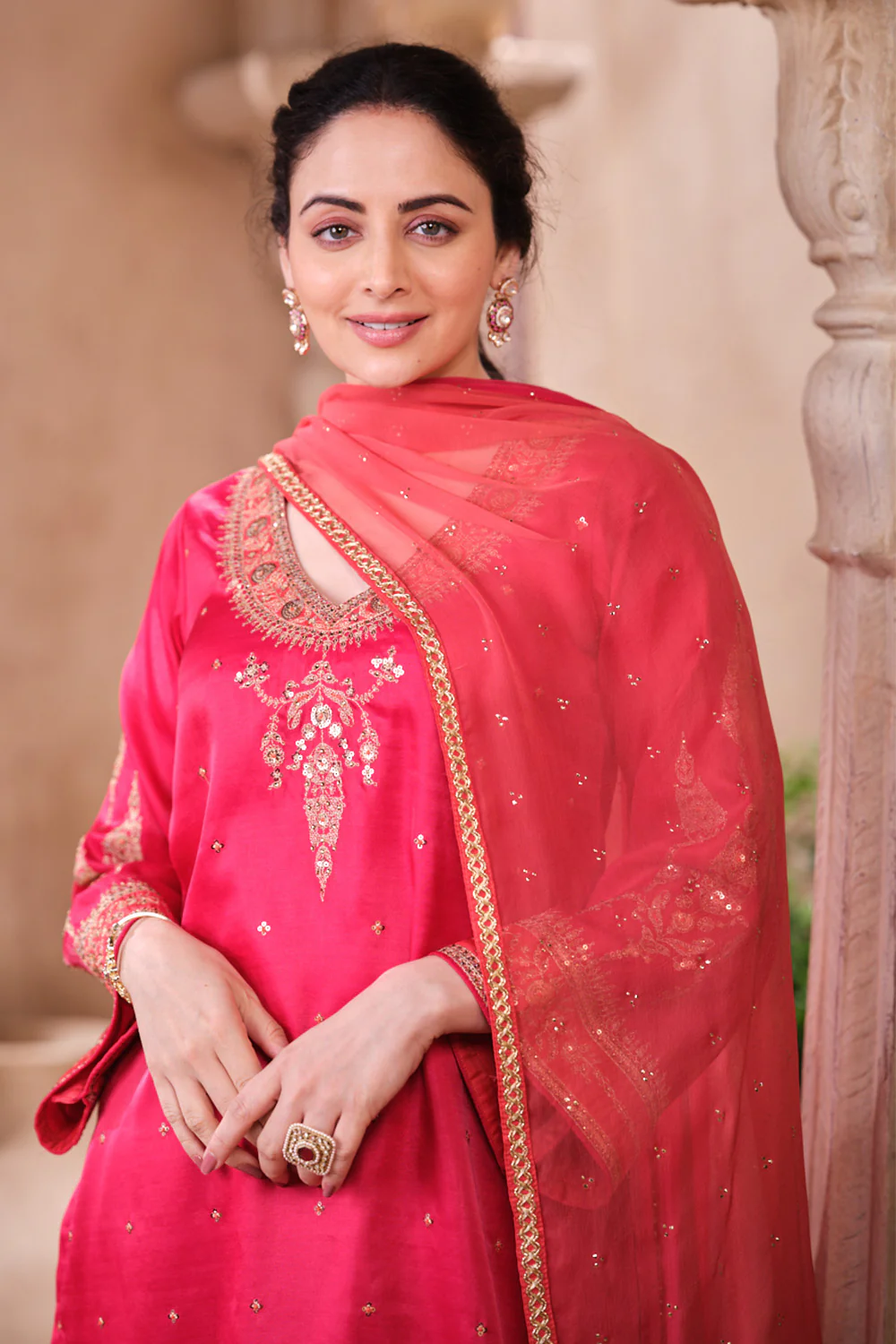 Cherry Red Pure Silk Sequins And Zari Embroiderd Suit Set - Image 3