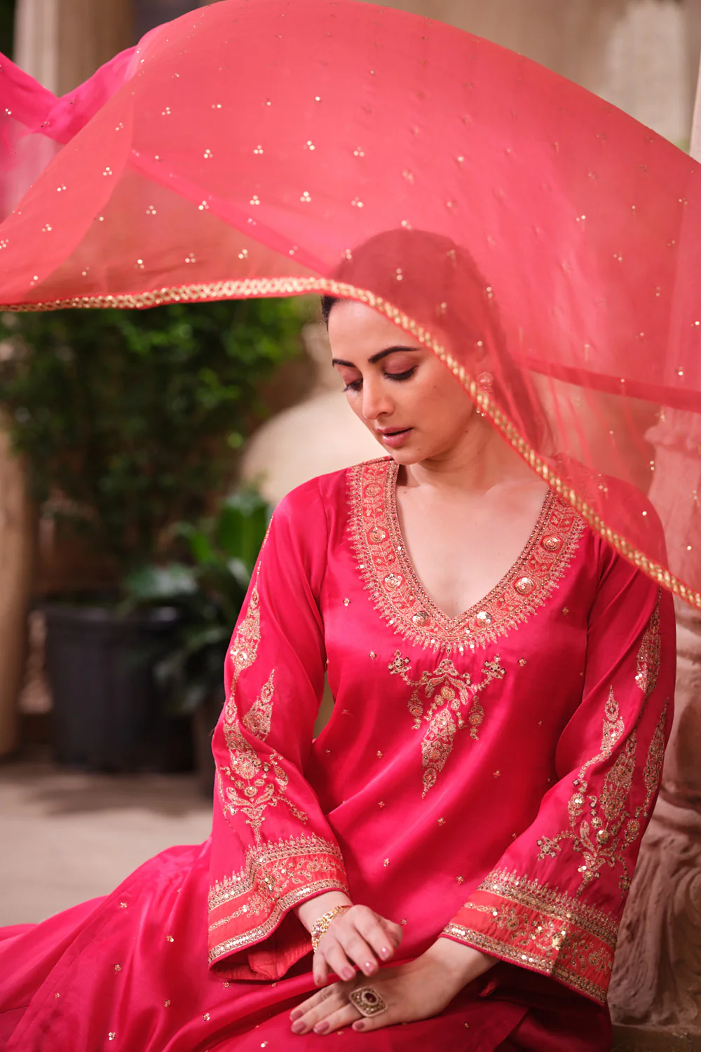 Cherry Red Pure Silk Sequins And Zari Embroiderd Suit Set - Image 6