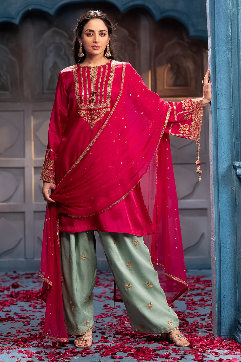 Cherry Red Sequins And Zari Embroidered Silk Suit Set - Image 2