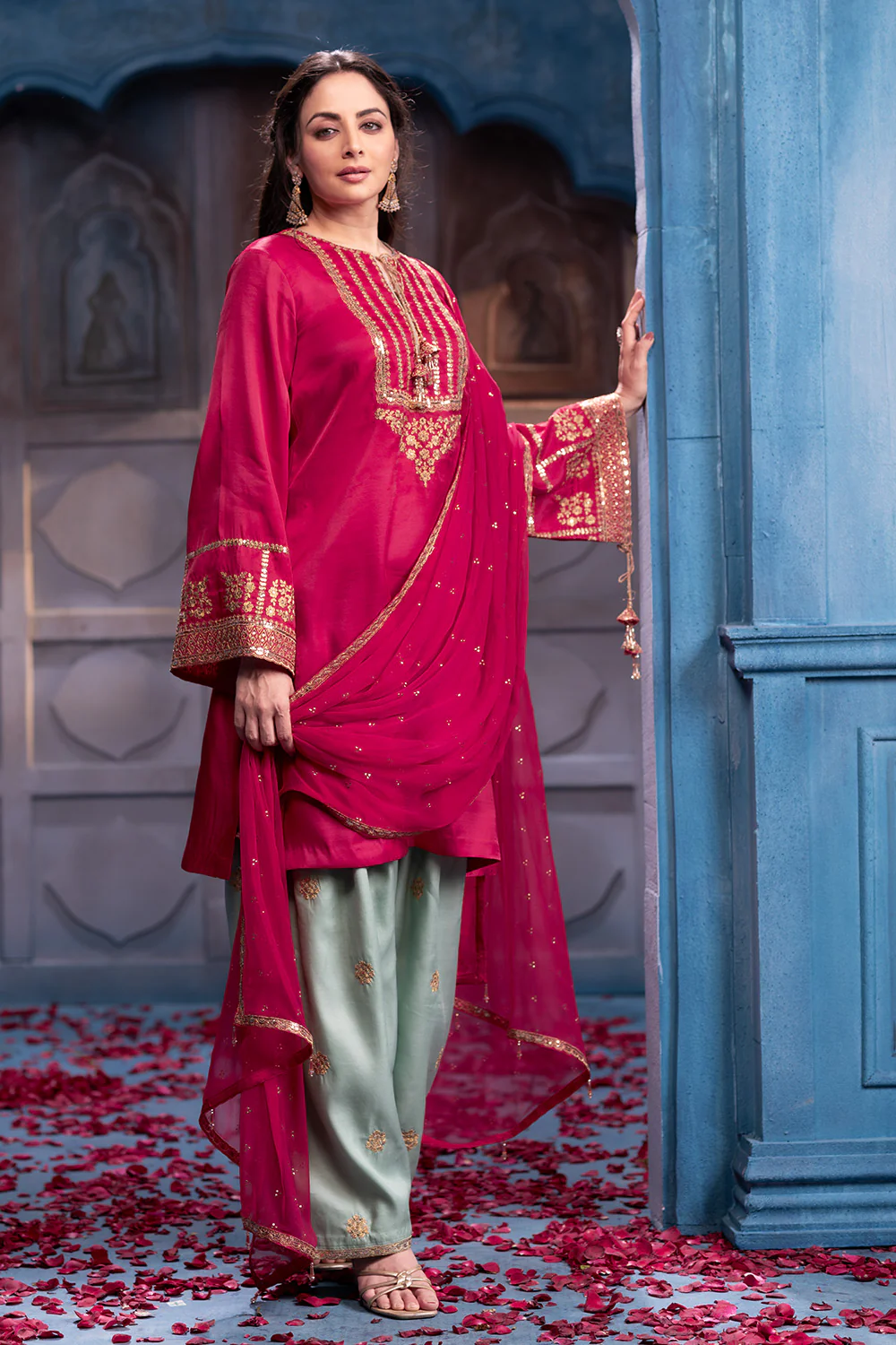 Cherry Red Sequins And Zari Embroidered Silk Suit Set - Image 3
