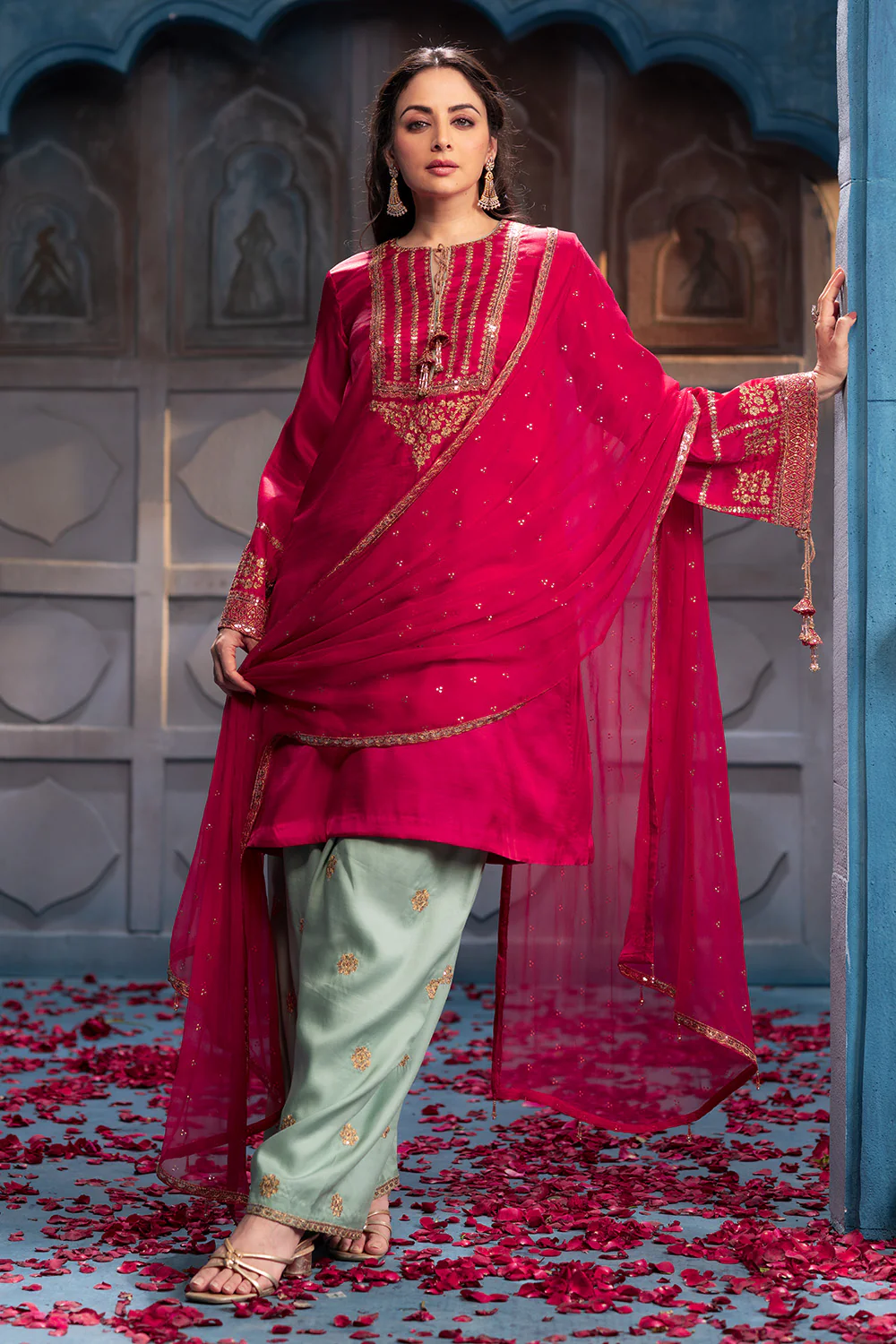 Cherry Red Sequins And Zari Embroidered Silk Suit Set - Image 4