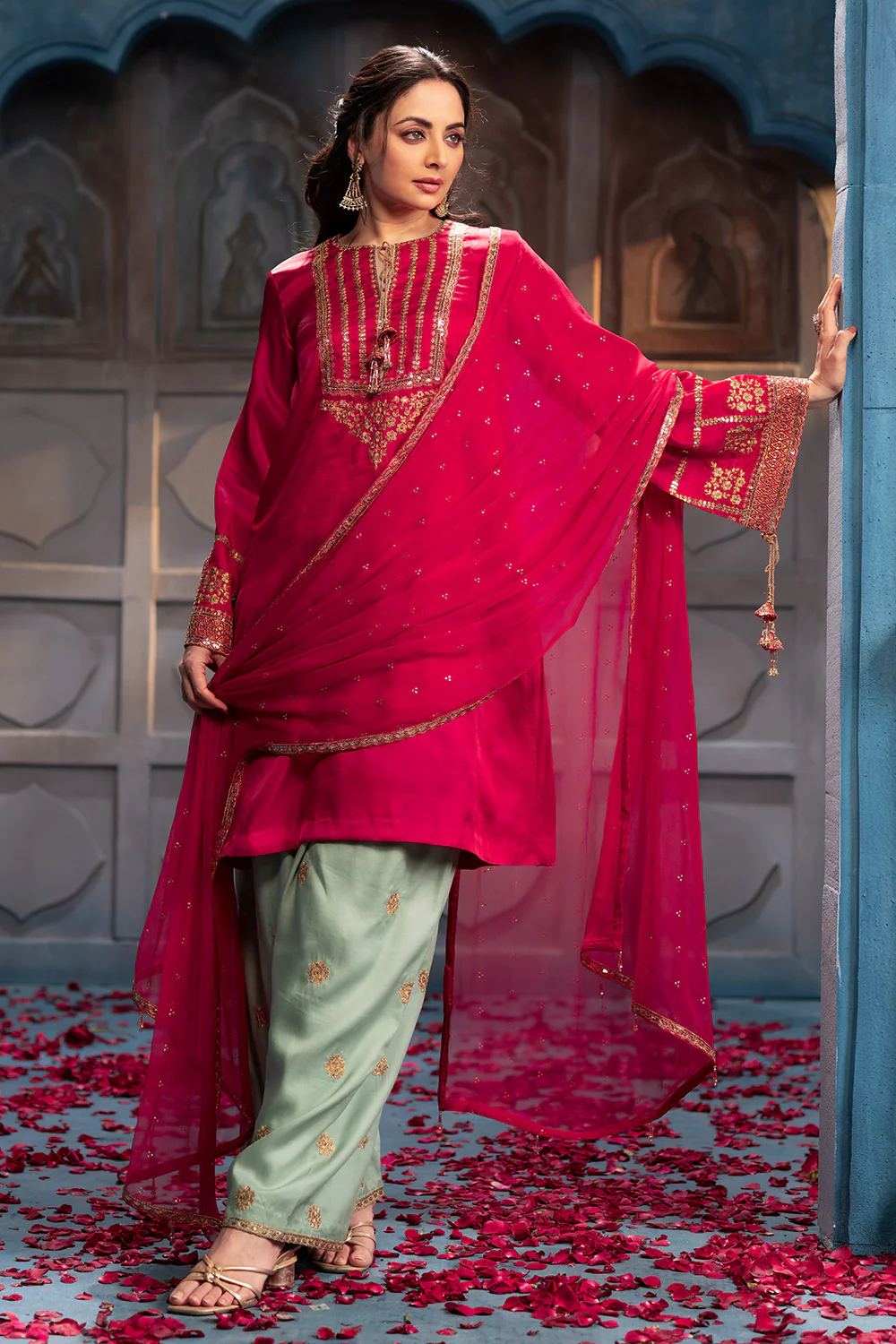 Cherry Red Sequins And Zari Embroidered Silk Suit Set - Image 5