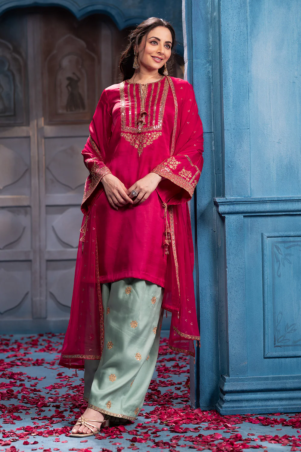 Cherry Red Sequins And Zari Embroidered Silk Suit Set - Image 7
