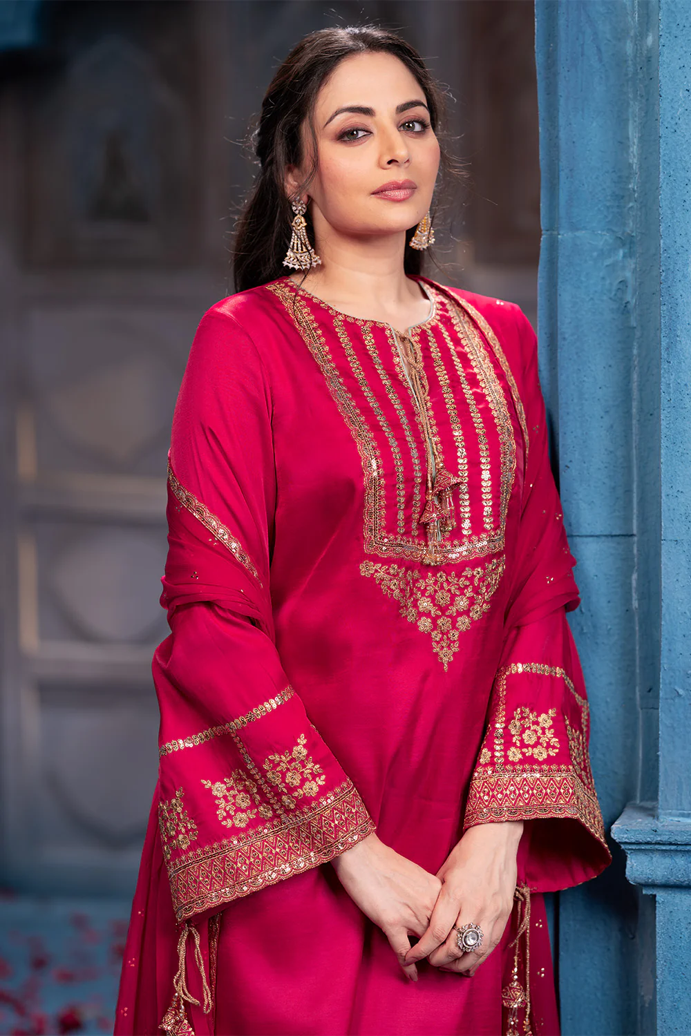 Cherry Red Sequins And Zari Embroidered Silk Suit Set - Image 8