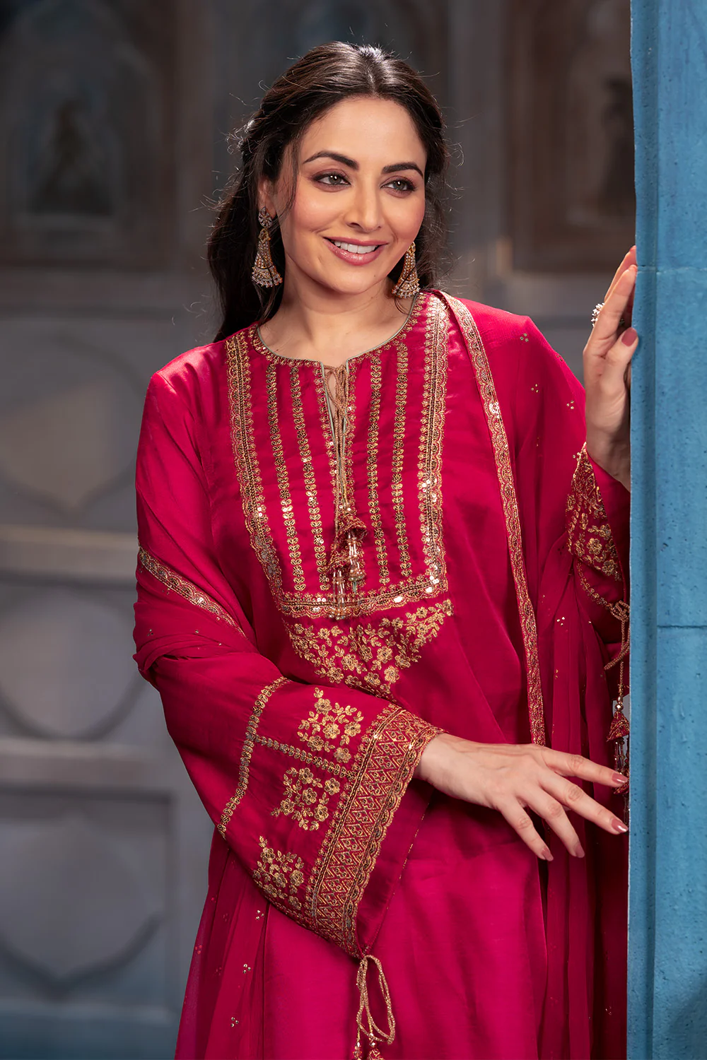 Cherry Red Sequins And Zari Embroidered Silk Suit Set - Image 9
