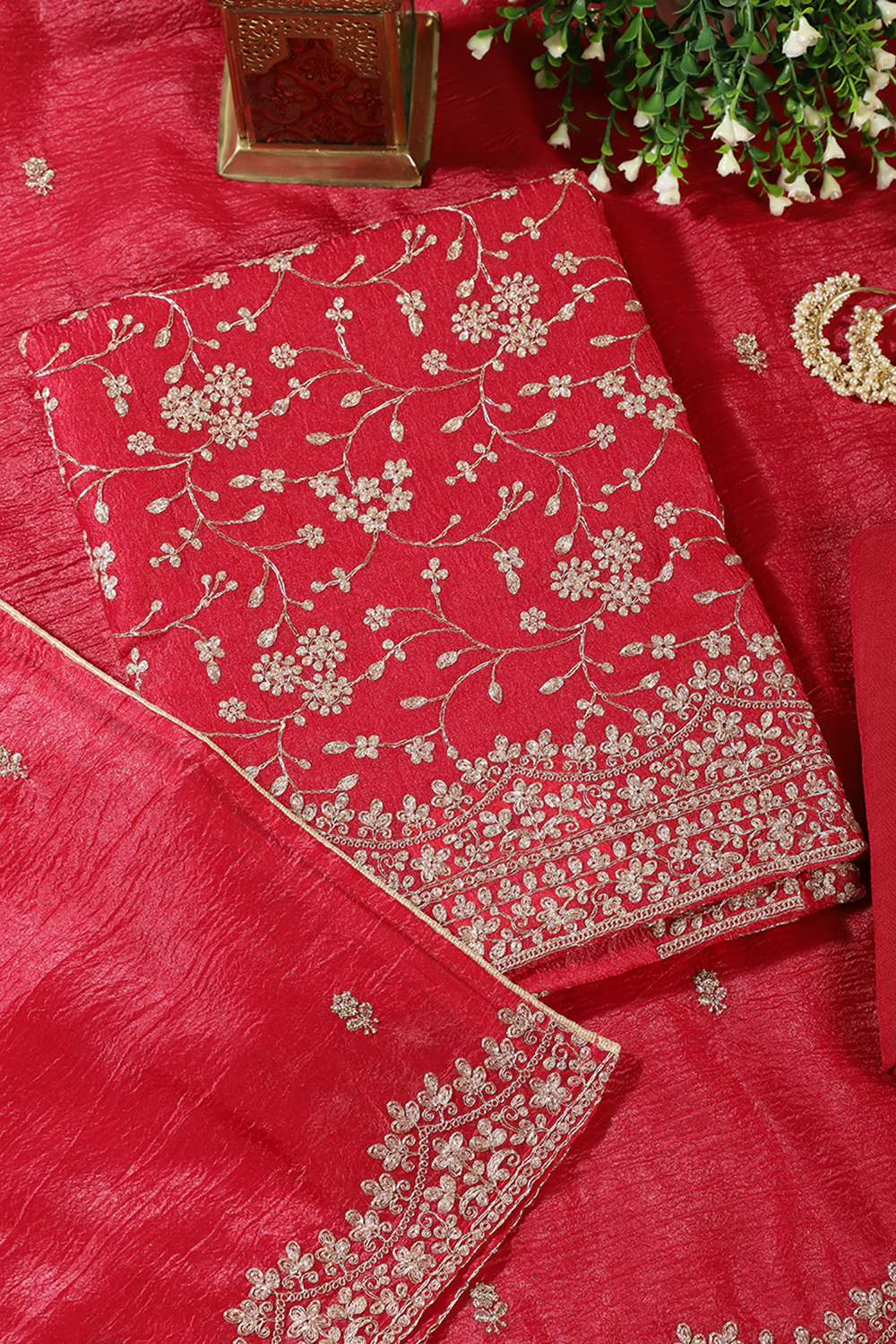 Cherry Red  Tissue Silk Zari Embroidered Unstitched Suit Material - Image 2