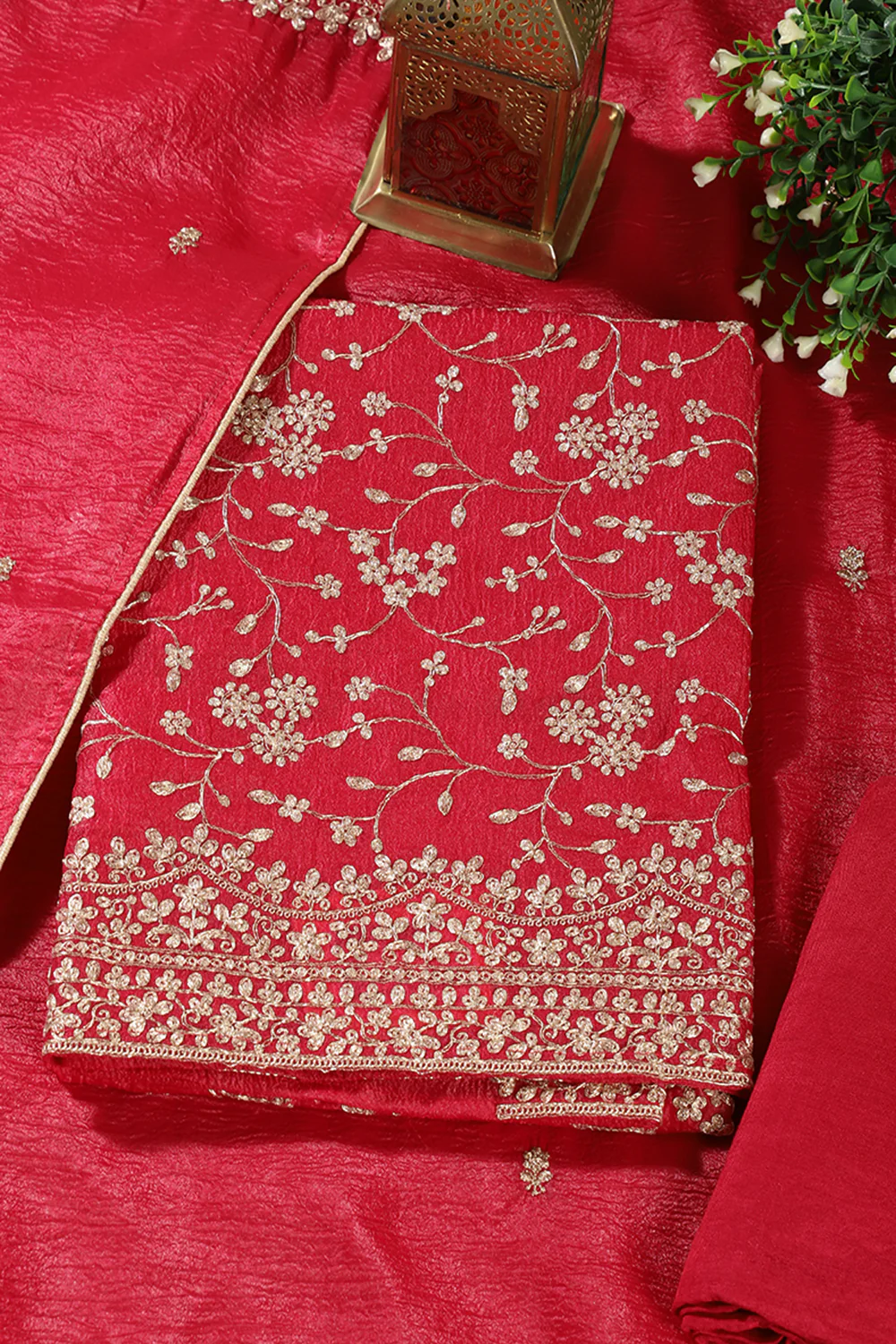 Cherry Red  Tissue Silk Zari Embroidered Unstitched Suit Material - Image 3