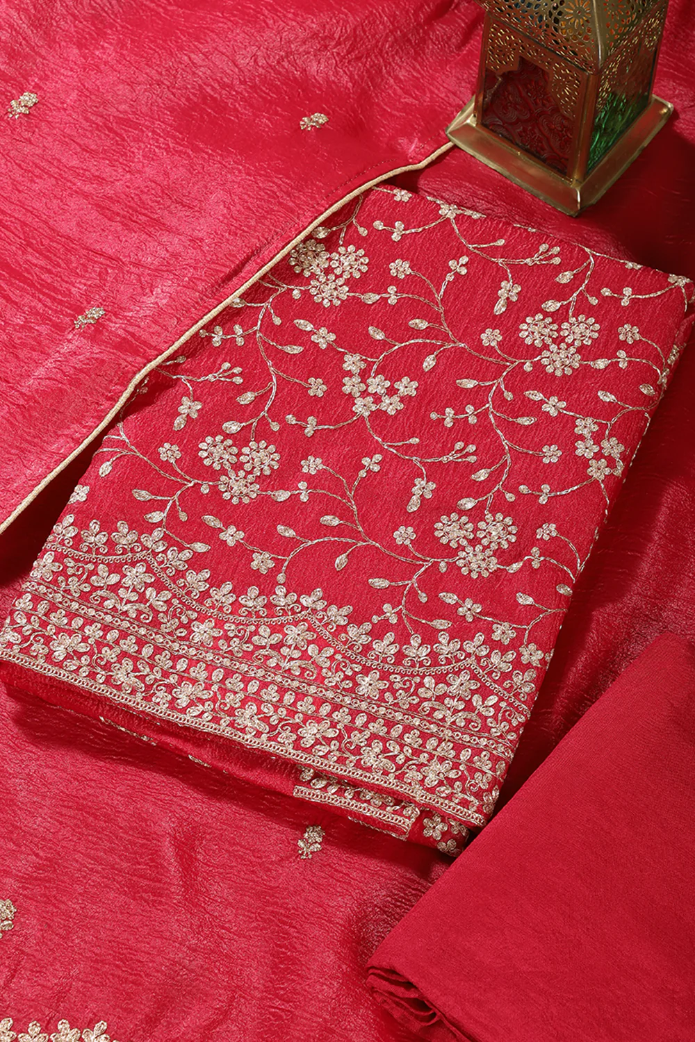 Cherry Red  Tissue Silk Zari Embroidered Unstitched Suit Material - Image 4