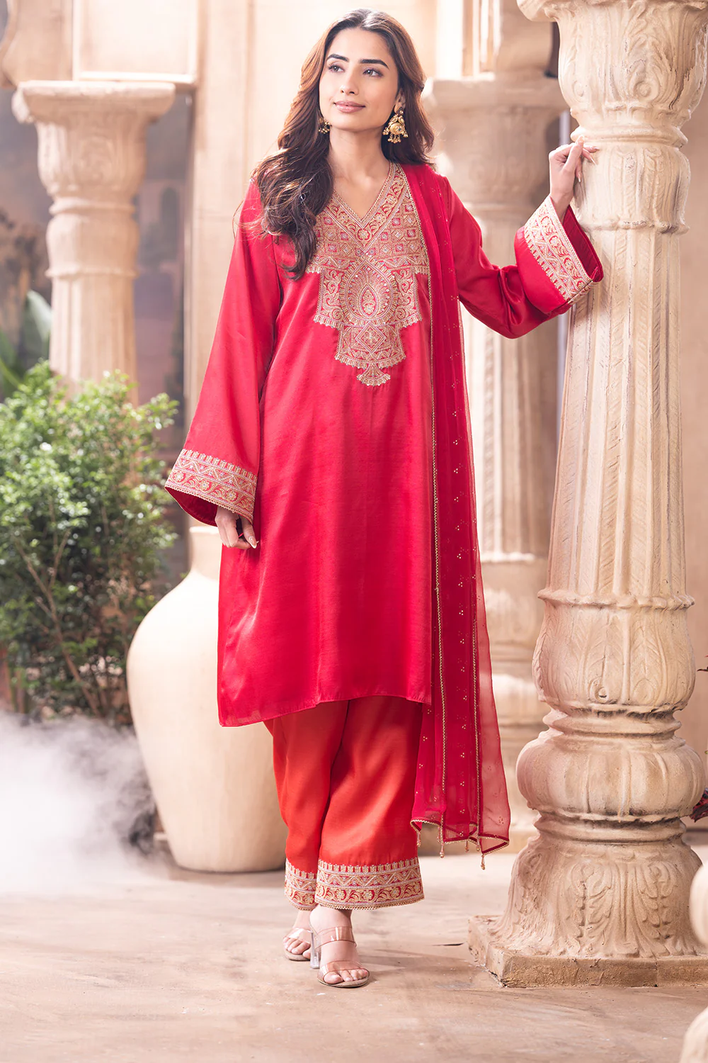 Cherry Red Zari & Sequins Embroidered Silk Suit - Image 2