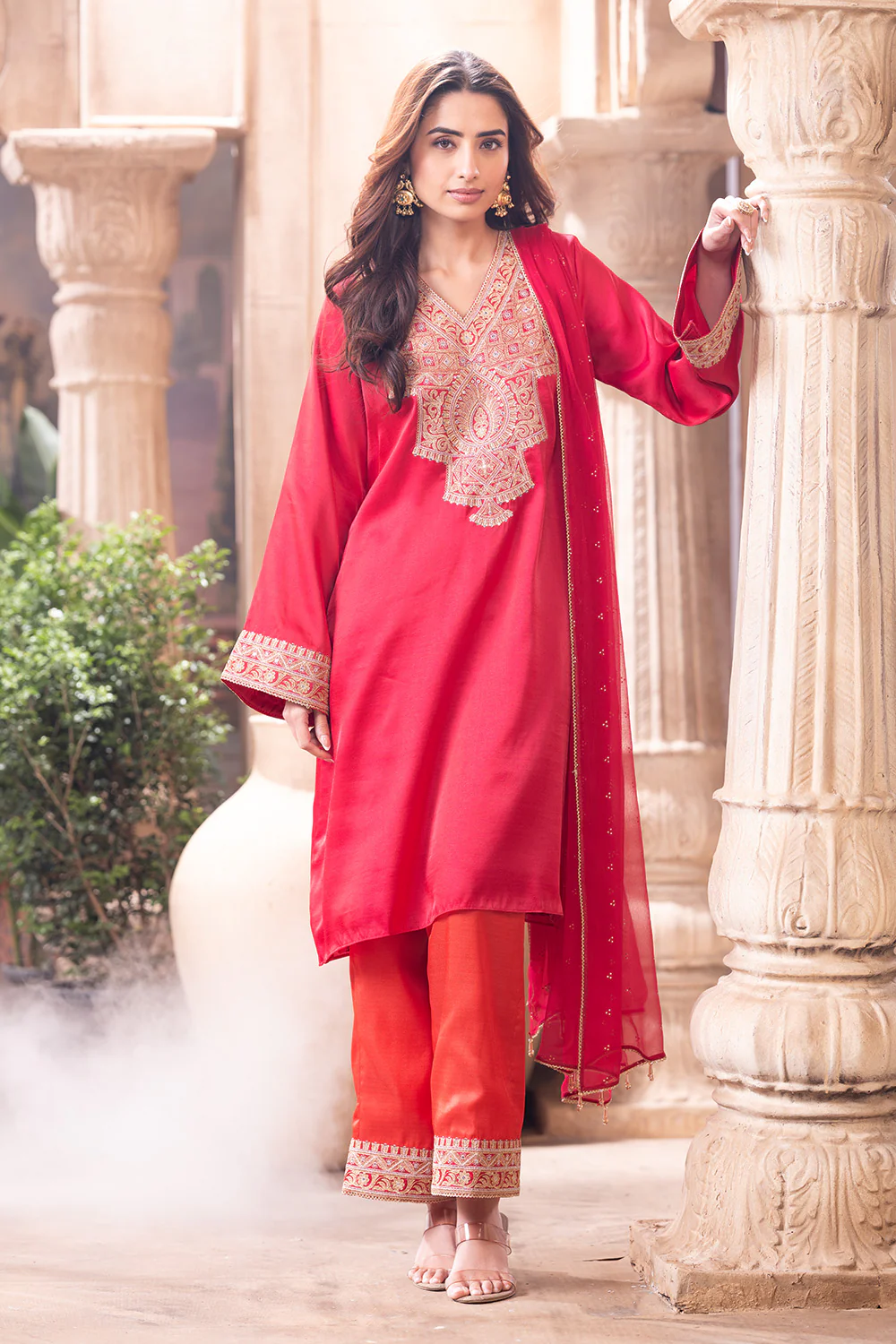 Cherry Red Zari & Sequins Embroidered Silk Suit - Image 3