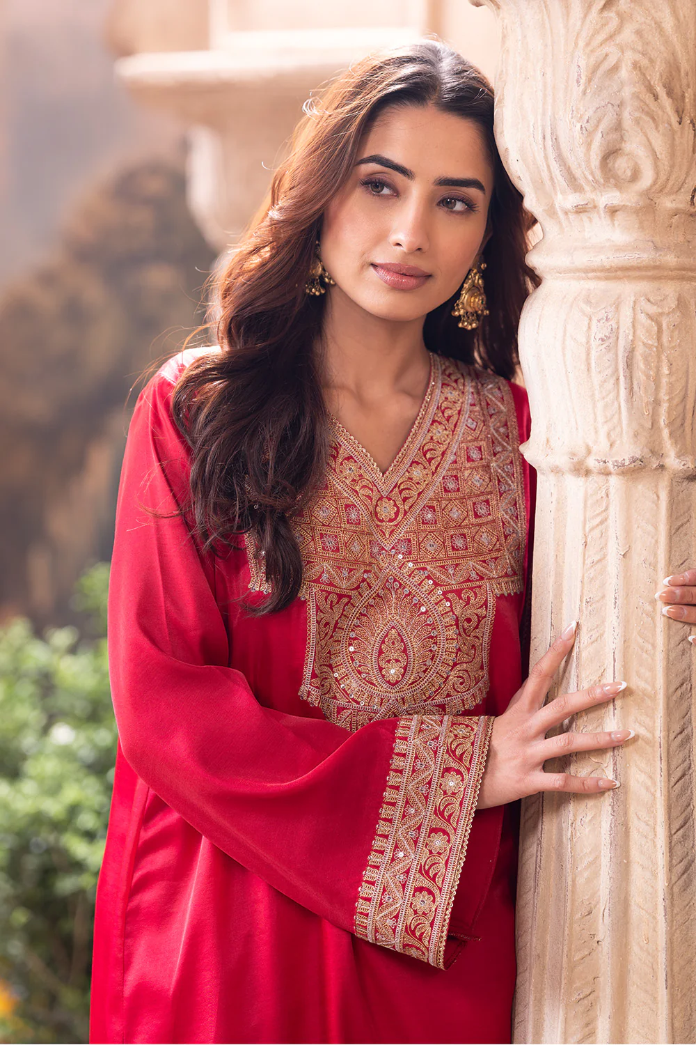 Cherry Red Zari & Sequins Embroidered Silk Suit - Image 5