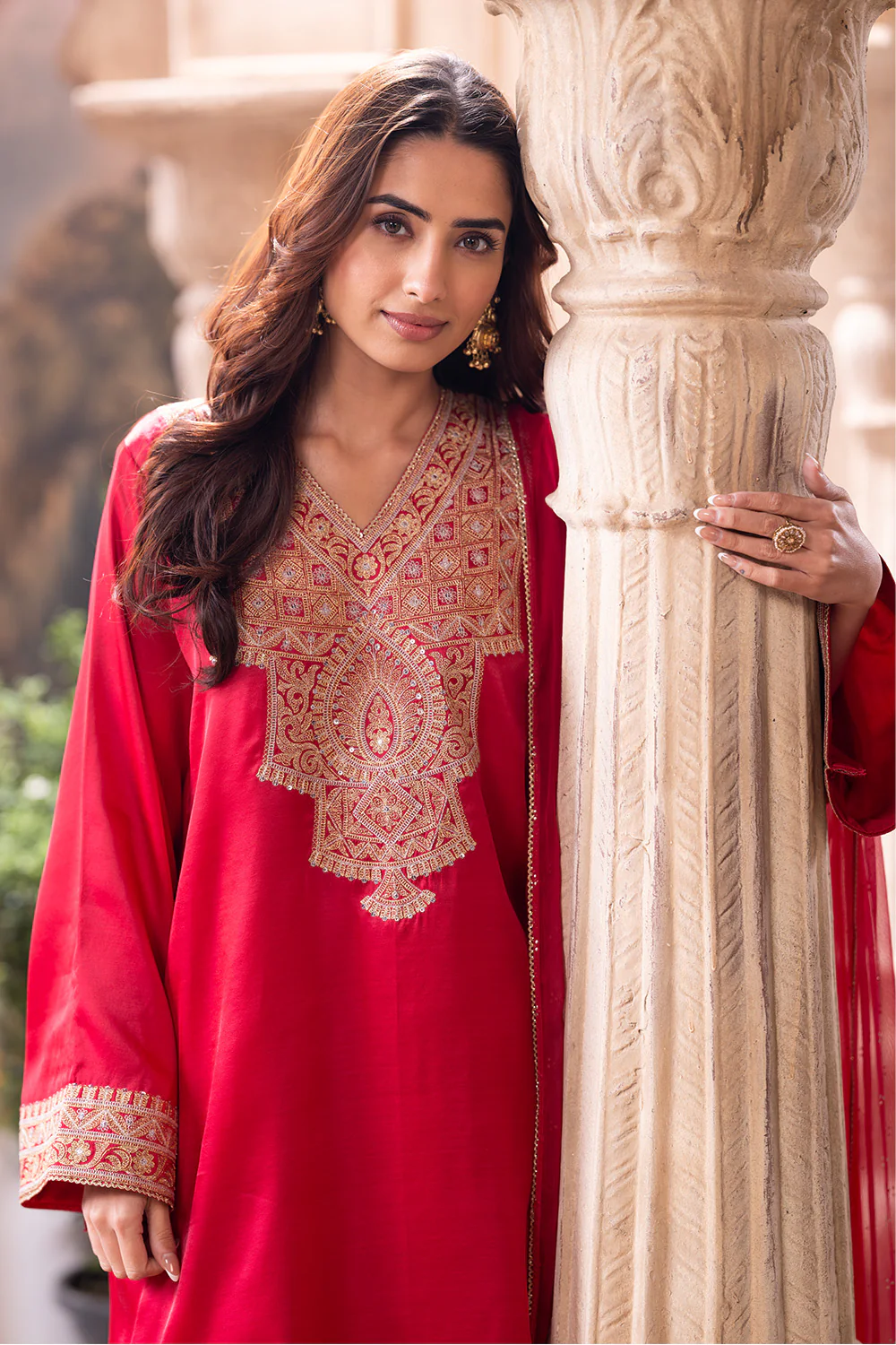 Cherry Red Zari & Sequins Embroidered Silk Suit - Image 6