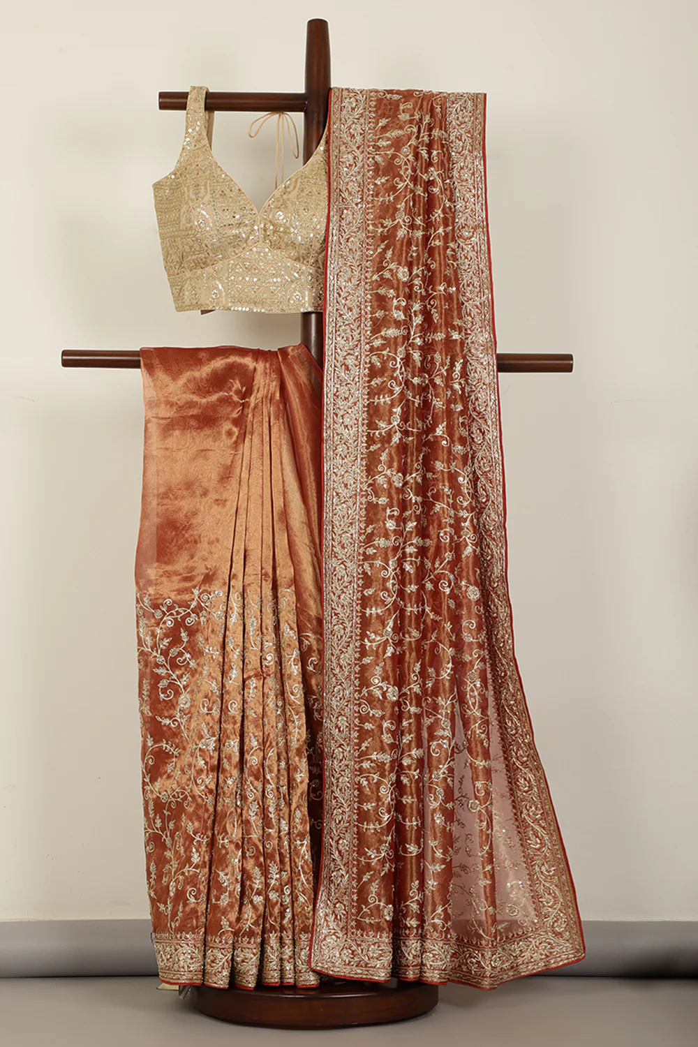 Copper Gold Pure Tissue Silk Saree with Aari & Zardozi Handwork - Image 3