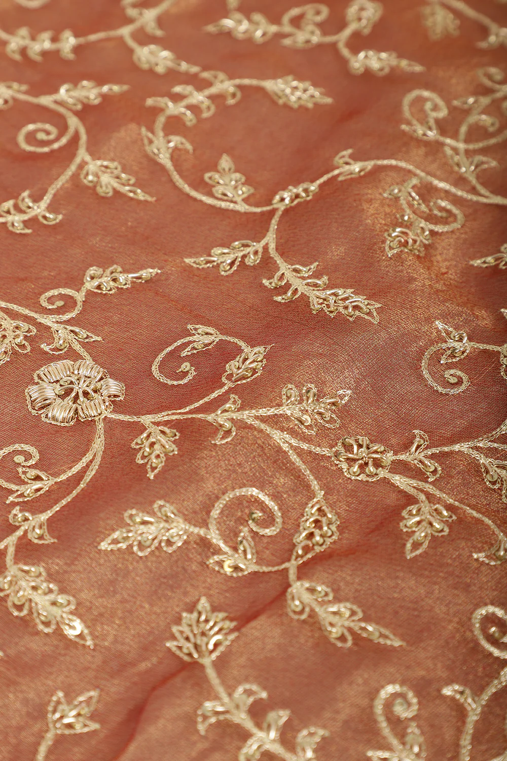 Copper Gold Pure Tissue Silk Saree with Aari & Zardozi Handwork - Image 4