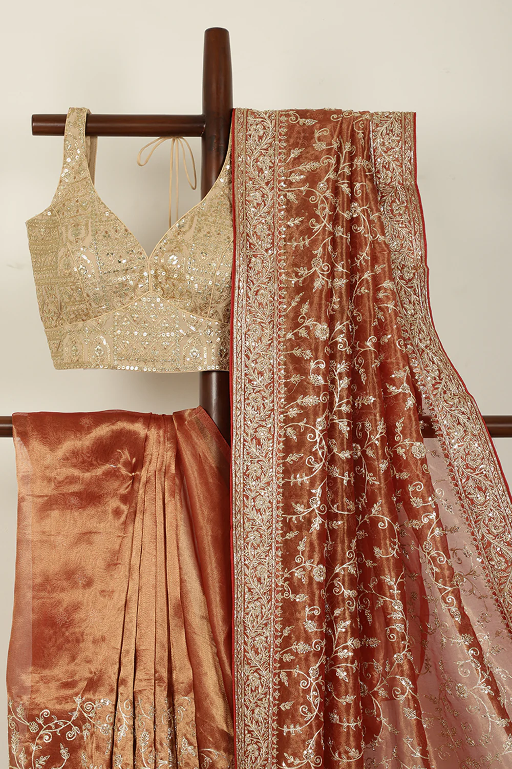Copper Gold Pure Tissue Silk Saree with Aari & Zardozi Handwork - Image 7