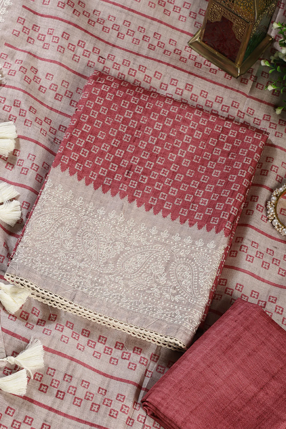 Copper Rust Tussar Cotton Printed And Reham Embroidered Unstiched Suit Material - Image 2