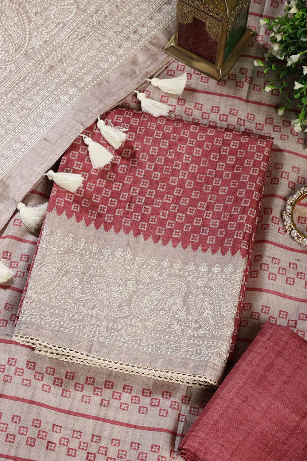 Copper Rust Tussar Cotton Printed And Reham Embroidered Unstiched Suit Material - Image 3