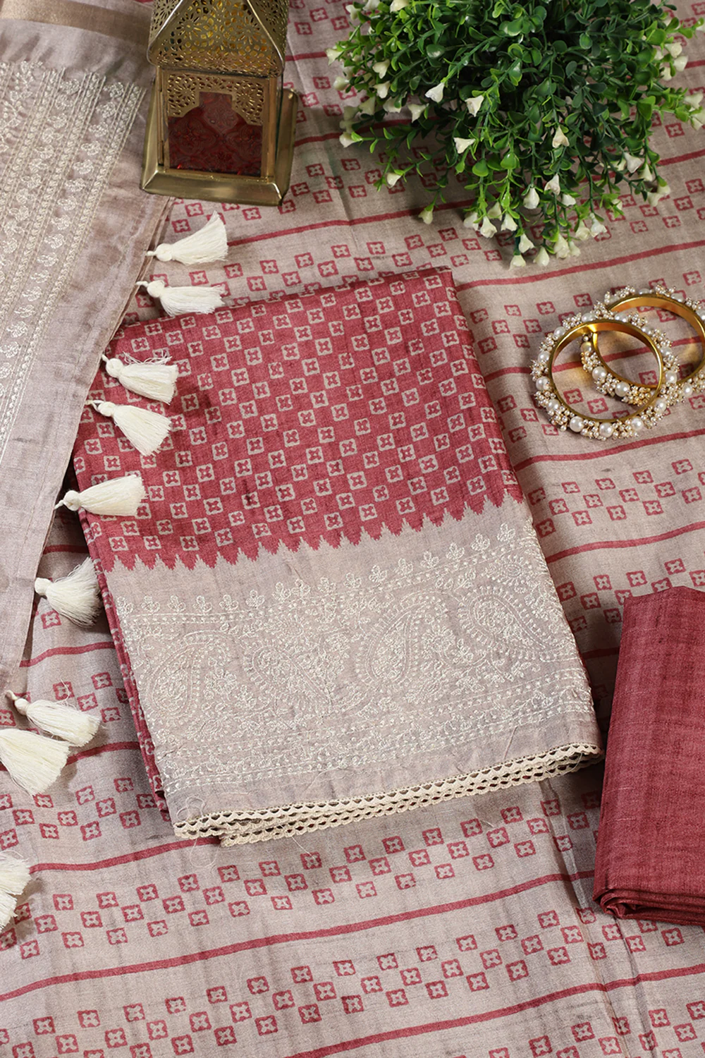 Copper Rust Tussar Cotton Printed And Reham Embroidered Unstiched Suit Material - Image 4