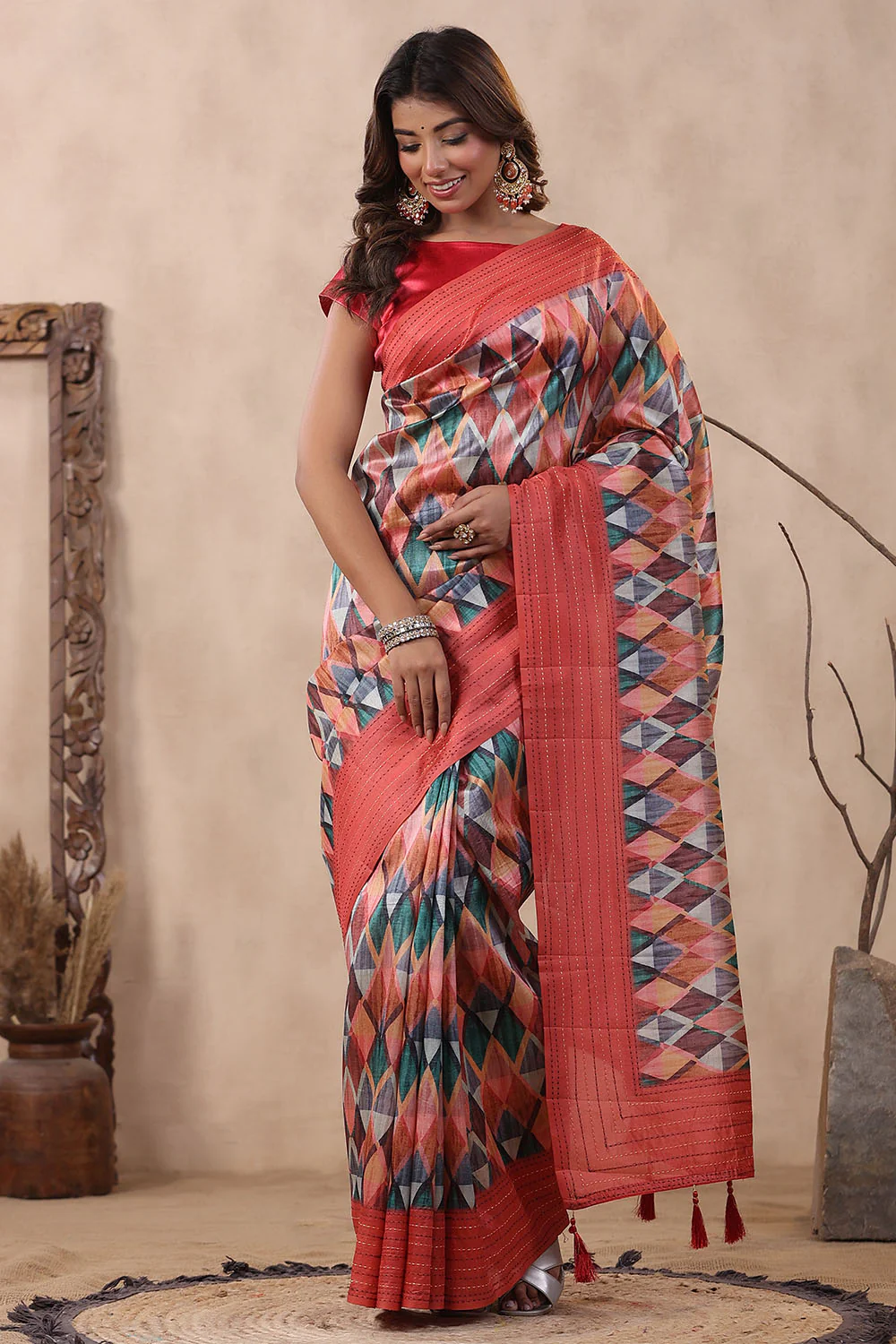 Coral Color Tussar Cotton Printed Saree - Image 4