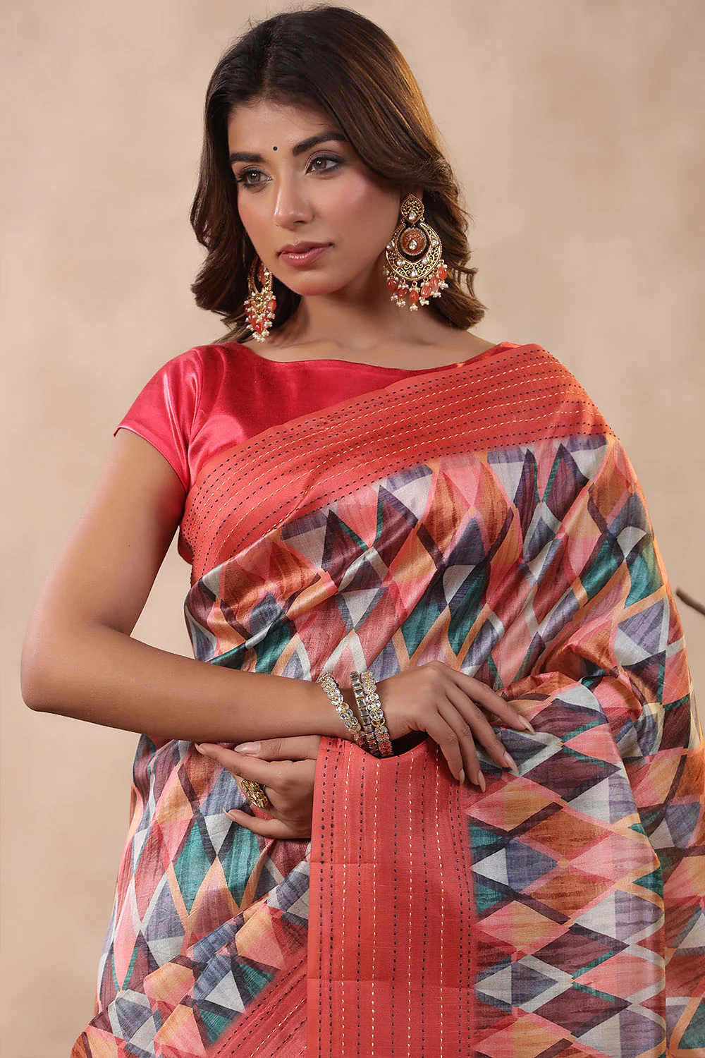 Coral Color Tussar Cotton Printed Saree - Image 5