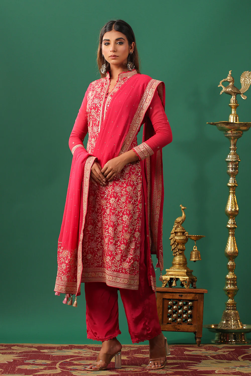 Coral Embroidered Georgette Unstitched Suit Material - Image 2